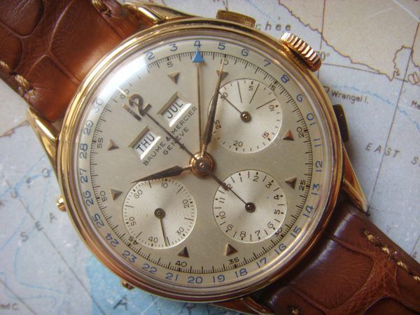 1950s VERY RARE LARGE ROSE GOLD 18K TRIPLE DATE CHRONOGRAPH SSL20001|Full side|Crown 1|Crown 2|Side case|Back case|Mvt 1|Inside back|SSL20005